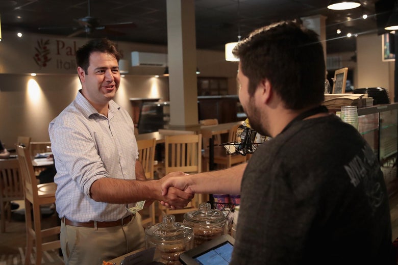 Ohio Democratic congressional candidate Danny O'Connor visits a coffeehouse in Ohio.